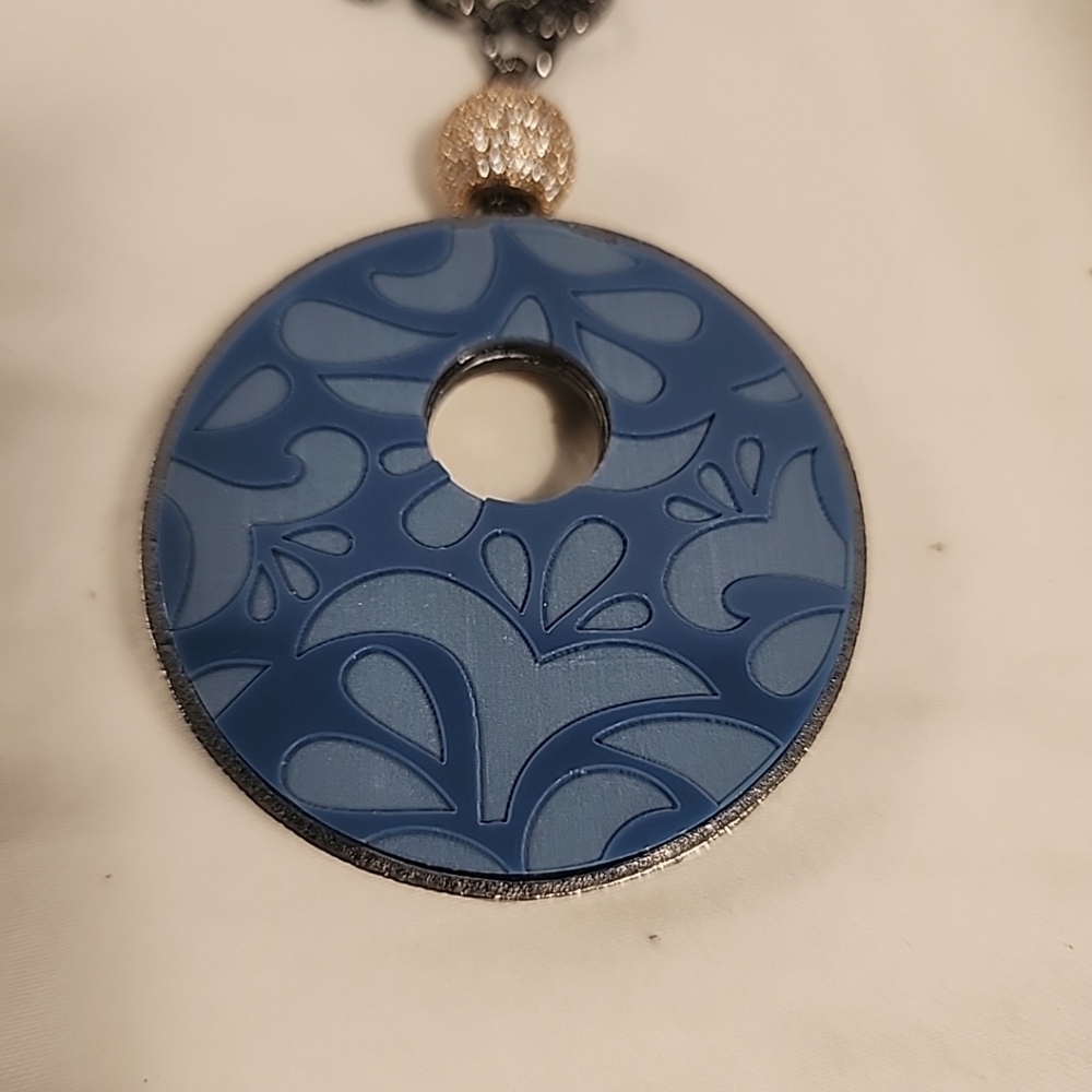 CHICO'S Double Sided Statement Necklace Blue Biege Neutral Pewter Disc Pendant